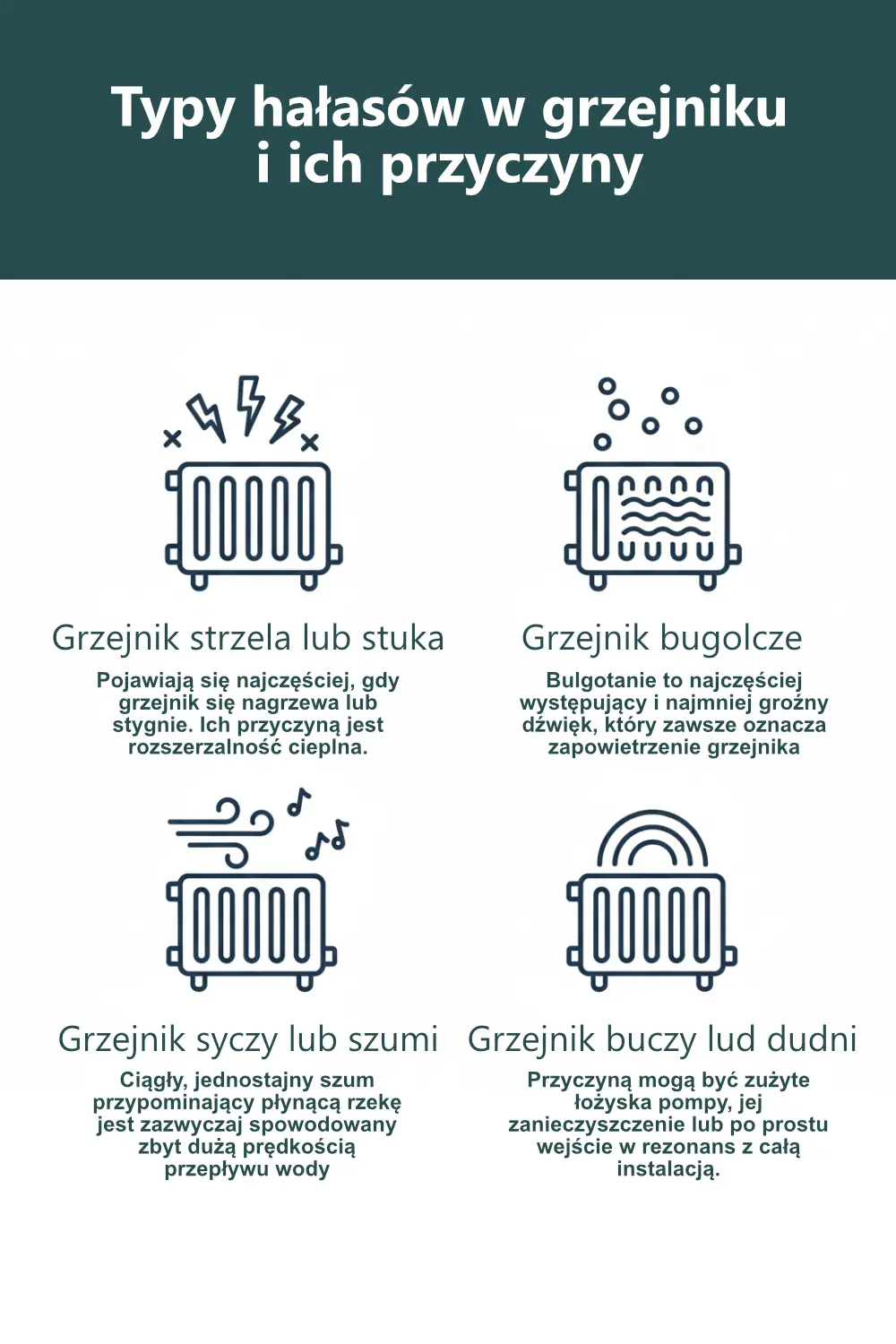 Infografika przedstawiająca różne typy hałasów w grzejniku z krótkim opisem przyczyn