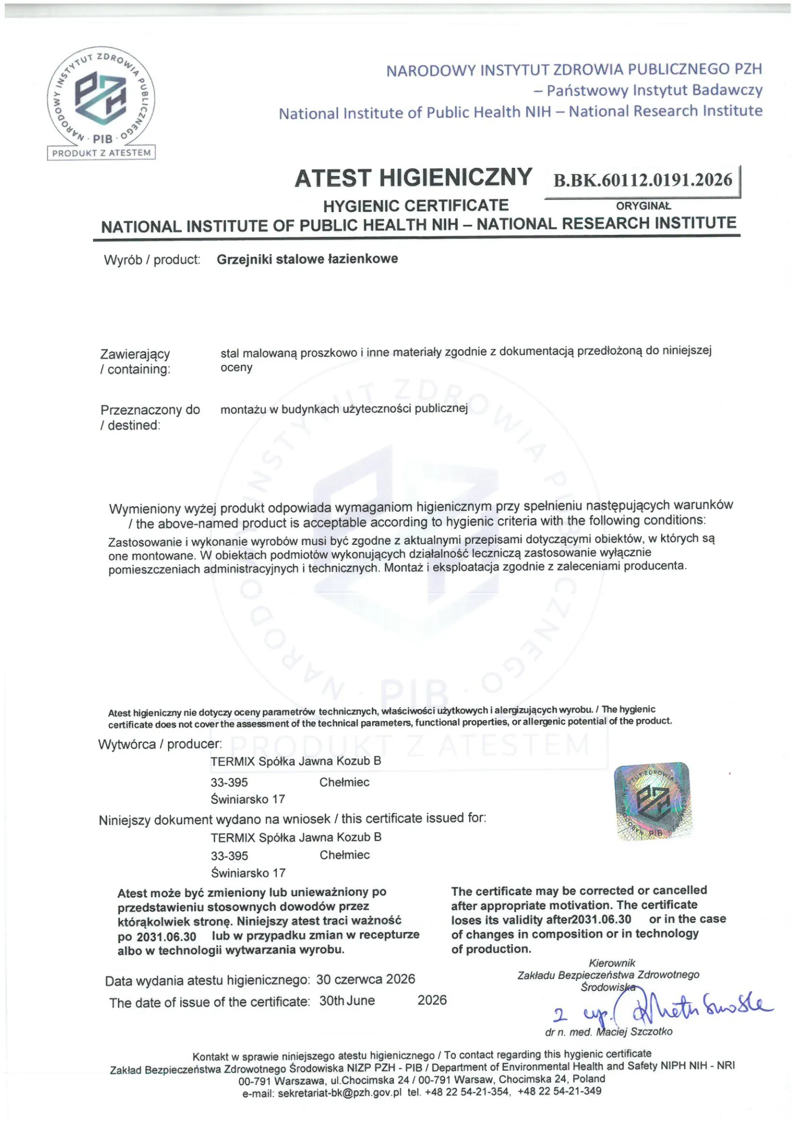 atest higieniczny 2026 termix